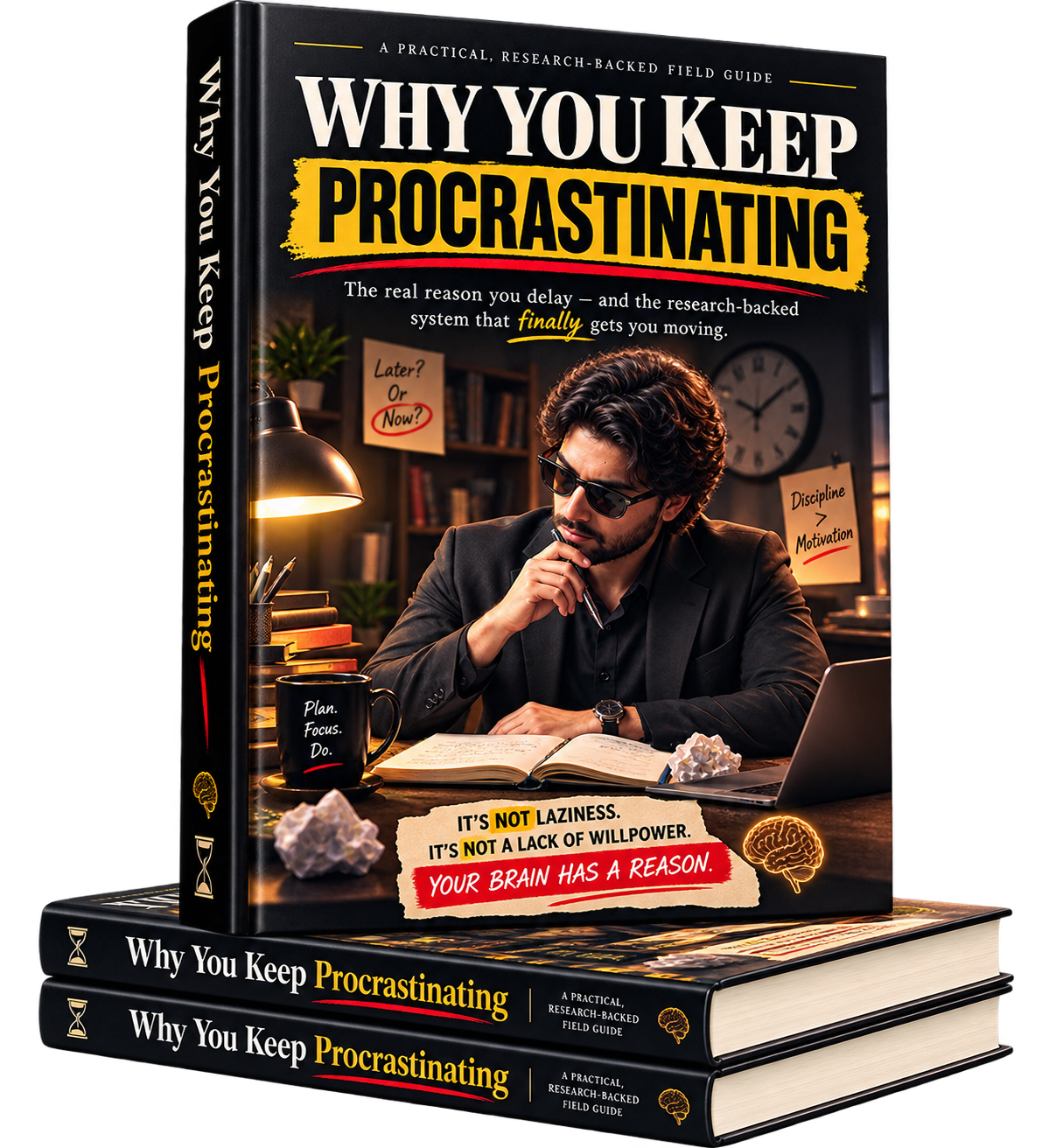 Why You Keep Procrastinating — a practical, research-backed field guide, shown as a stack of three hardcover books.